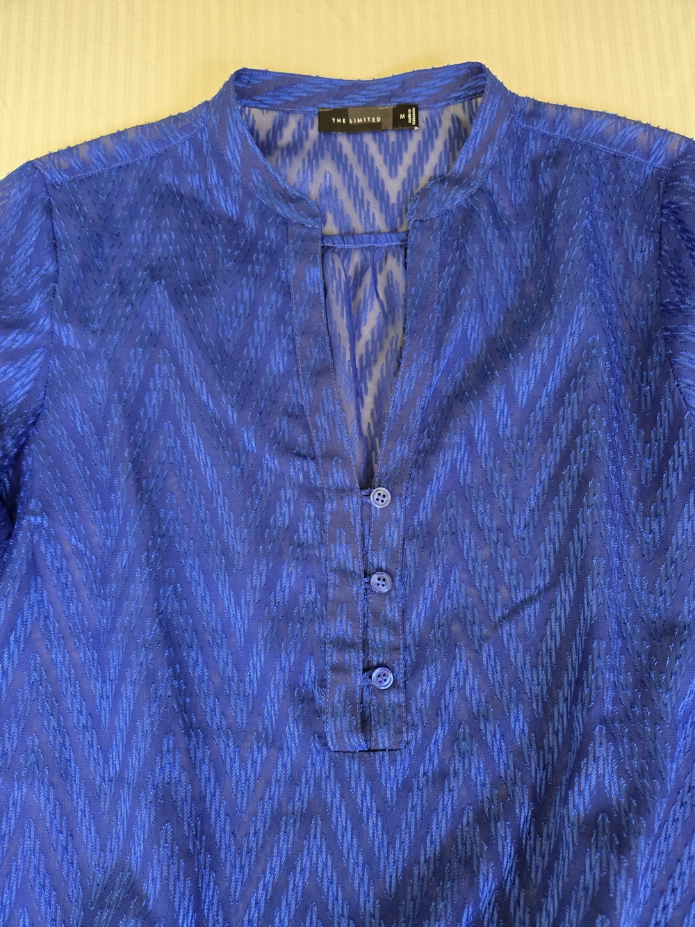 The Limited Royal Blue Chevron Jacquard Blouse Sheer V-Neck Top Medium